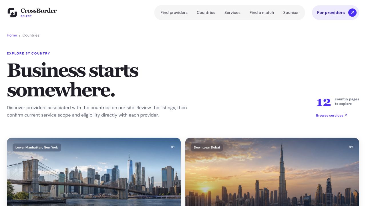 CrossBorder Select country directory with New York and Dubai