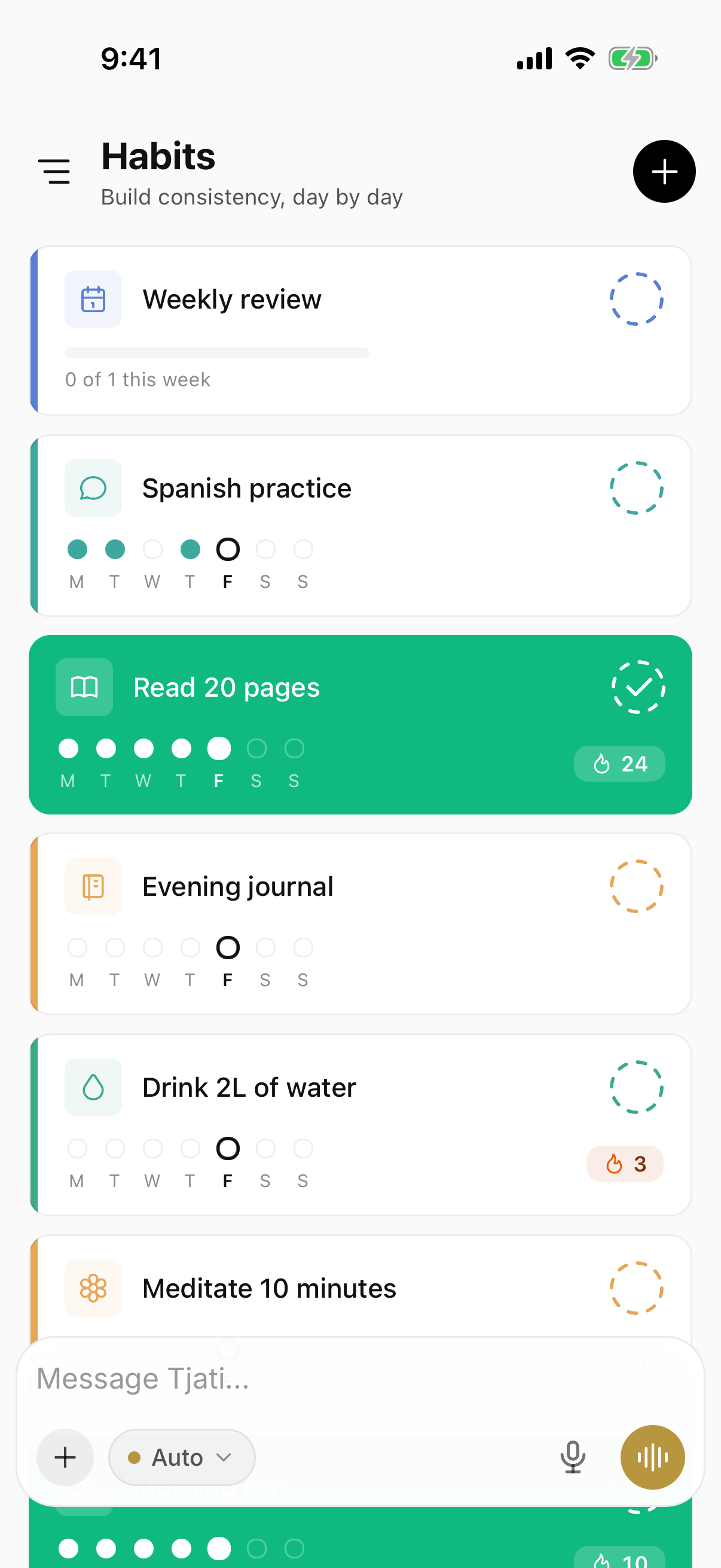 Tjati habits screen with routines and daily streaks