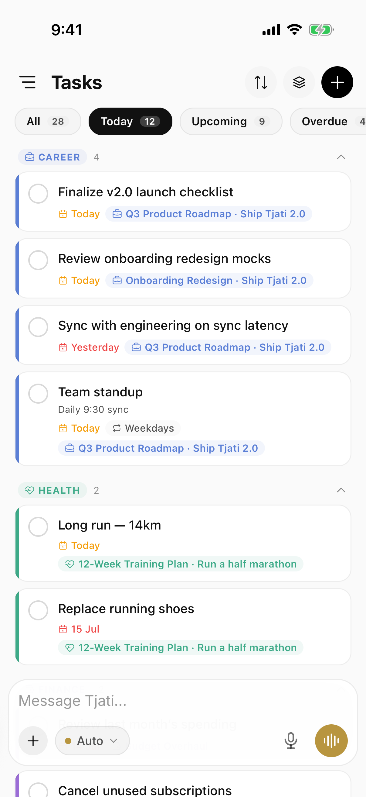 Tjati tasks screen with today’s priorities and the AI composer